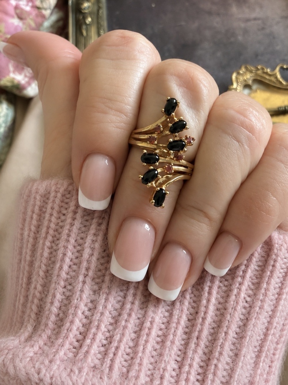 SETA •  Vintage Gold Black & Deep Rose Gemstone Statement Ring Abstract Cocktail - Picture 2 of 10